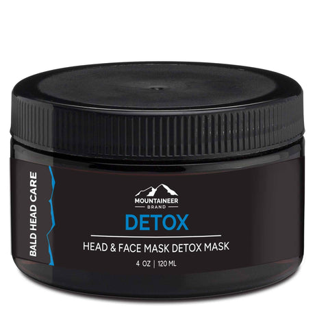A jar of Mountaineer Brand Products' Bald Head Detox Mask for mountaineer bald head care on a white background.