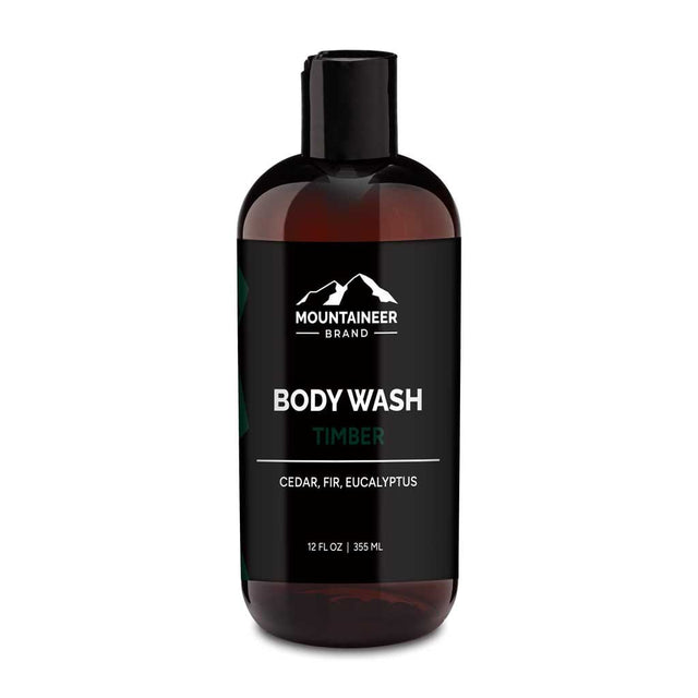 An organic bottle of Timber Body Wash by Mountaineer Brand Products on a white background.