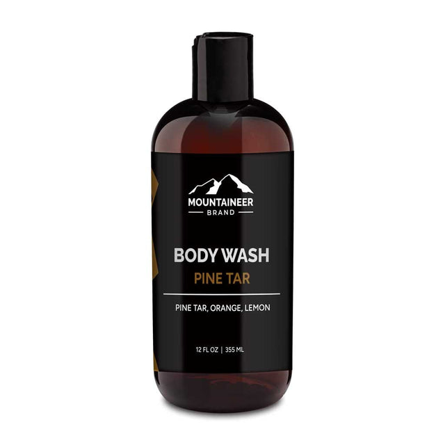 An organic bottle of Mountaineer Brand Products' Pine Tar Body Wash on a white background.