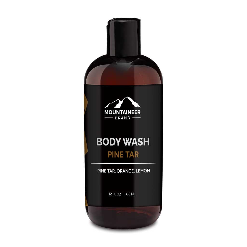 An organic bottle of Mountaineer Brand Products' Pine Tar Body Wash on a white background.
