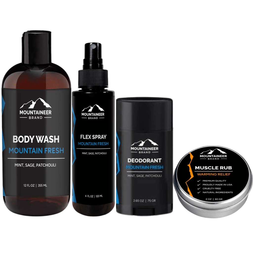 Collection of men's grooming products designed for fitness enthusiasts, with a mint, sage, and patchouli scent. This Mountaineer Brand Products Gym Bag Kit includes body wash, flex spray, deodorant, and muscle rub.