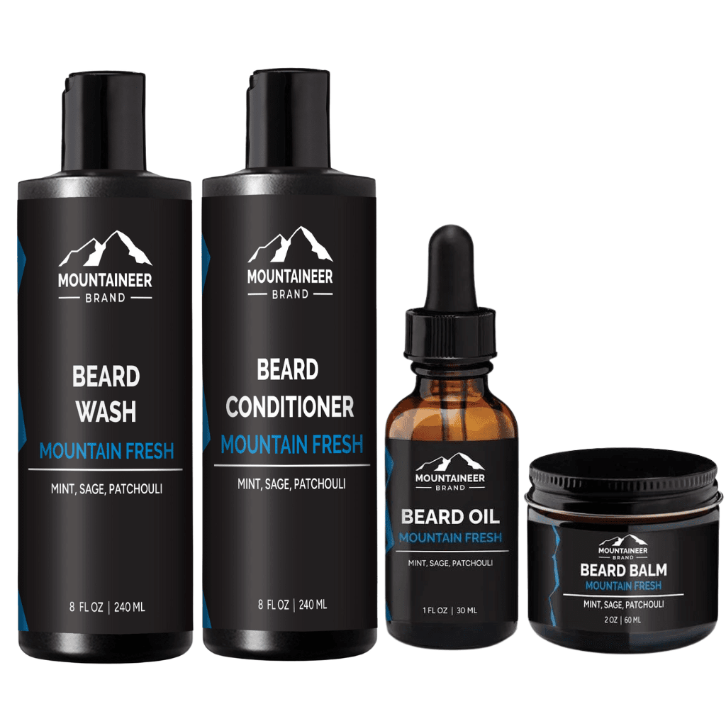 Enhance your grooming experience with our Mountaineer Brand Products Everyday Necessities Beard Kit, including a bottle of beard oil and a bottle of beard conditioner.