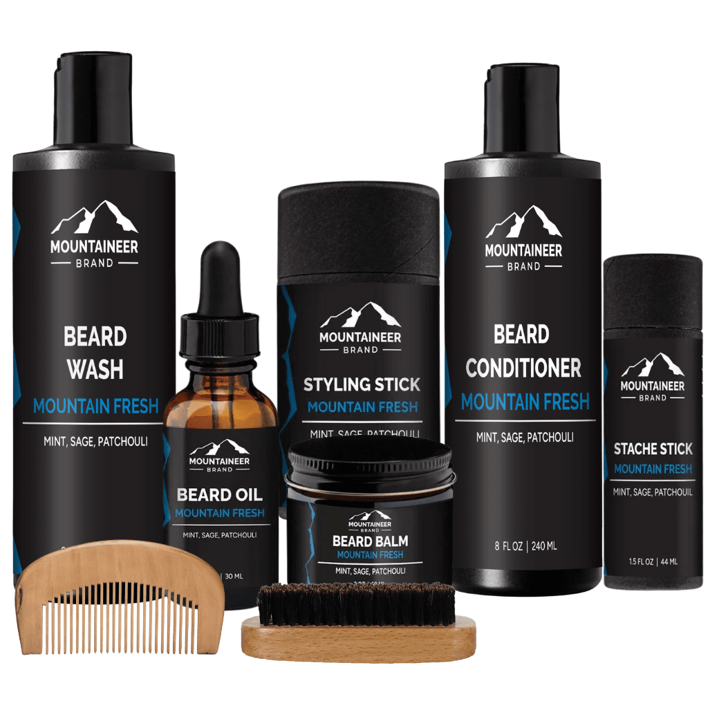 The Ultimate Beard Kit from Mountaineer Brand Products featuring a grooming kit with a beard brush, beard oil, and comb for an enhanced grooming routine.