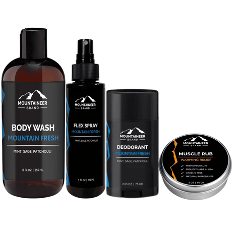 A Mountaineer Brand Products Gym Bag Kit consisting of four mountaineer brand personal care products designed for fitness enthusiasts, including body wash, flex spray, deodorant, and muscle rub perfect for a post-workout routine.