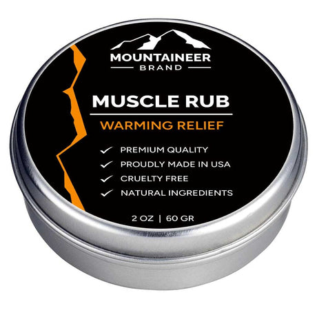Mountaineer Brand Products' Muscle Rub, providing warming relief with no chemicals.