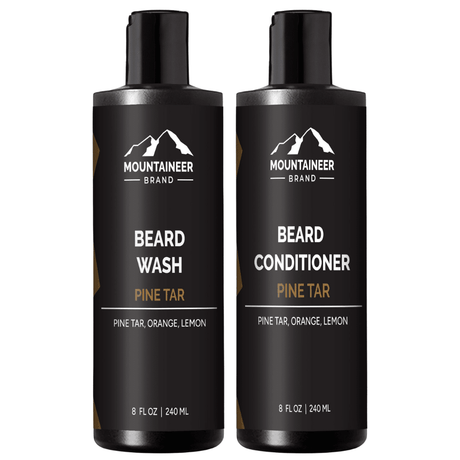 Two bottles of Mountaineer Brand Products' Beard Wash and Beard Conditioner Combo, perfect for the eco-conscious individual.