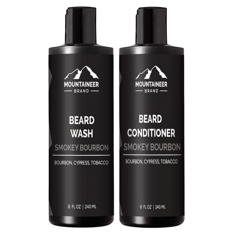 Two bottles of Mountaineer Brand Products' Beard Wash and Beard Conditioner Combo, perfect for the eco-conscious individual.