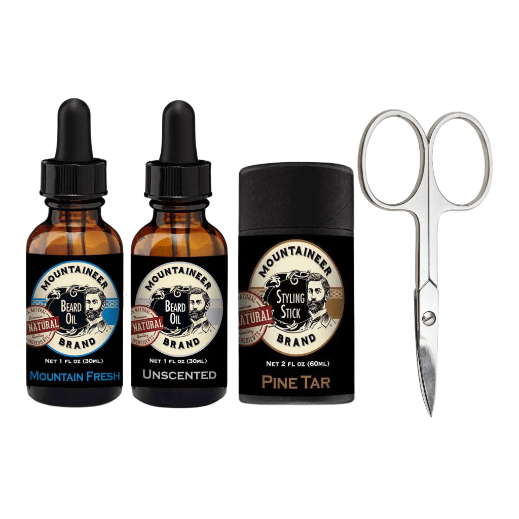 Three bottles of Mountaineer Brand Products Limited Time Style & Trim Kit, a pair of scissors and a pair of Pine Tar.