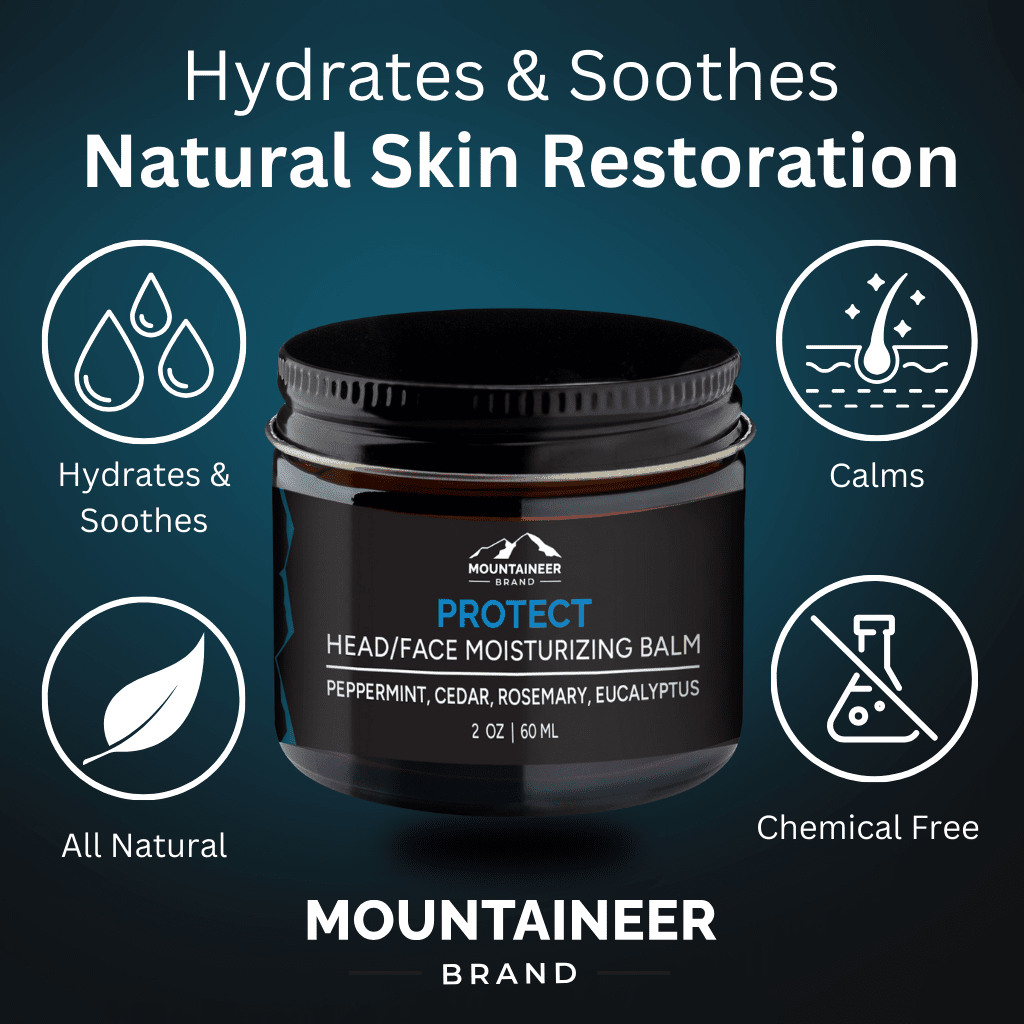 Hydra & soothes Bald Head Protect moisturizing balm for natural skin restoration by Mountaineer Brand Products.