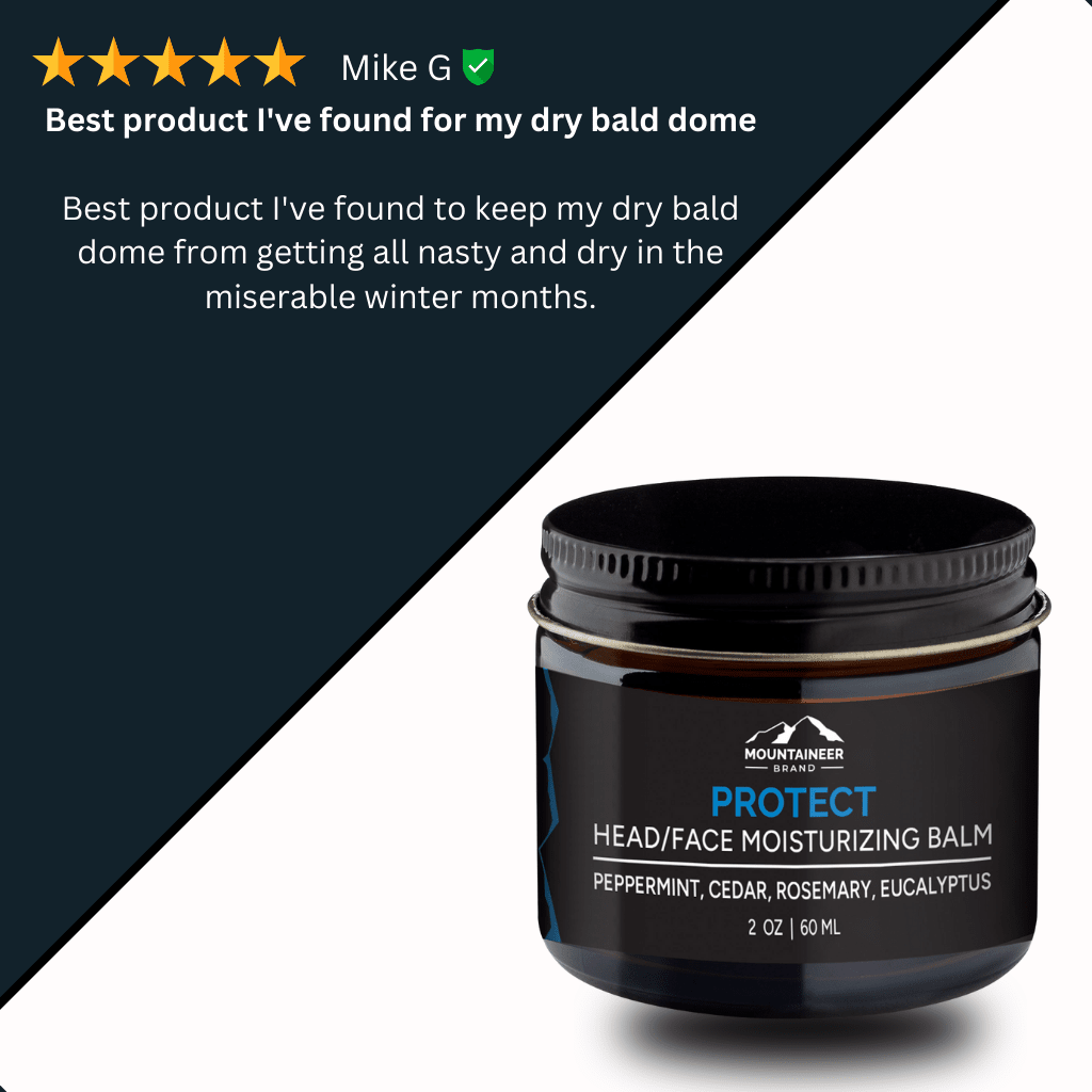 A jar of Mountaineer Brand Products' Bald Head Protect (Moisturizer) with five stars on it.