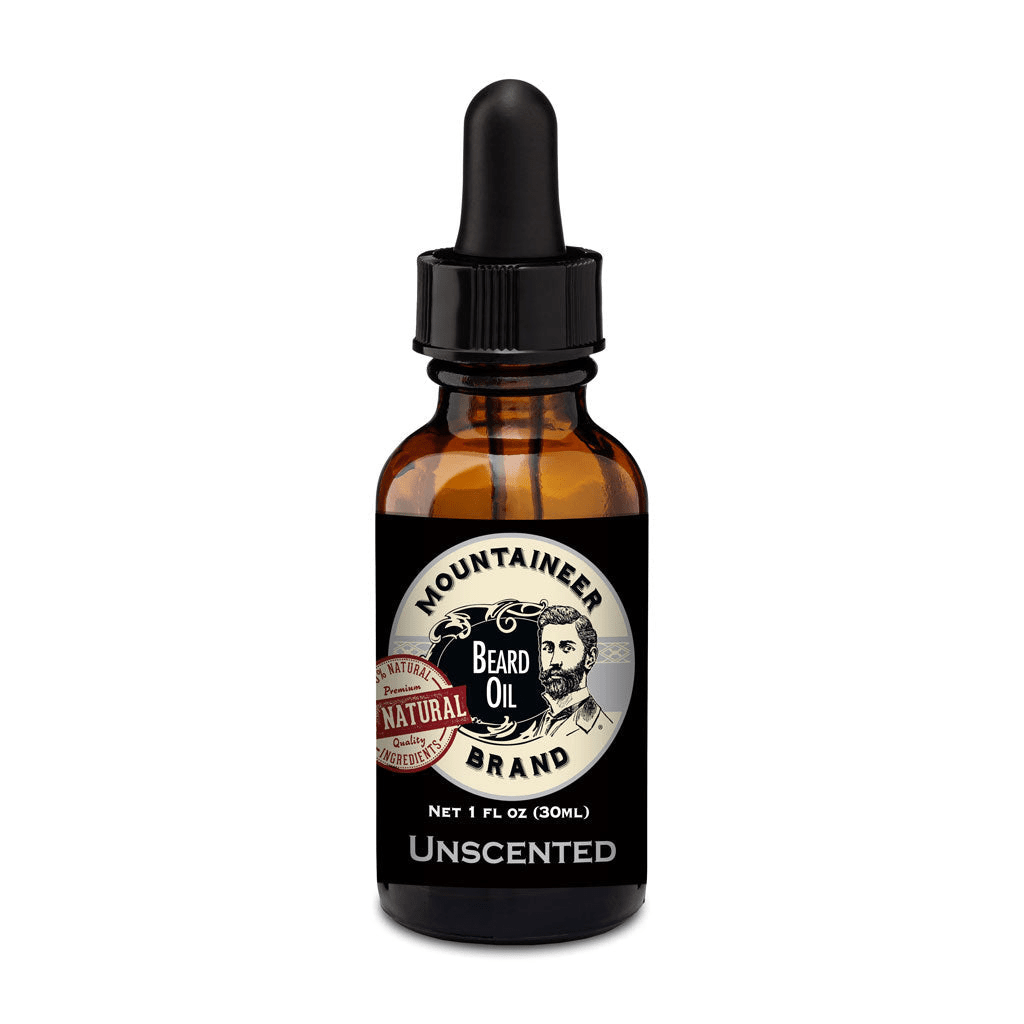 An organic bottle of Beard Oil - Unscented Old Label by Mountaineer Brand Products on a white background.