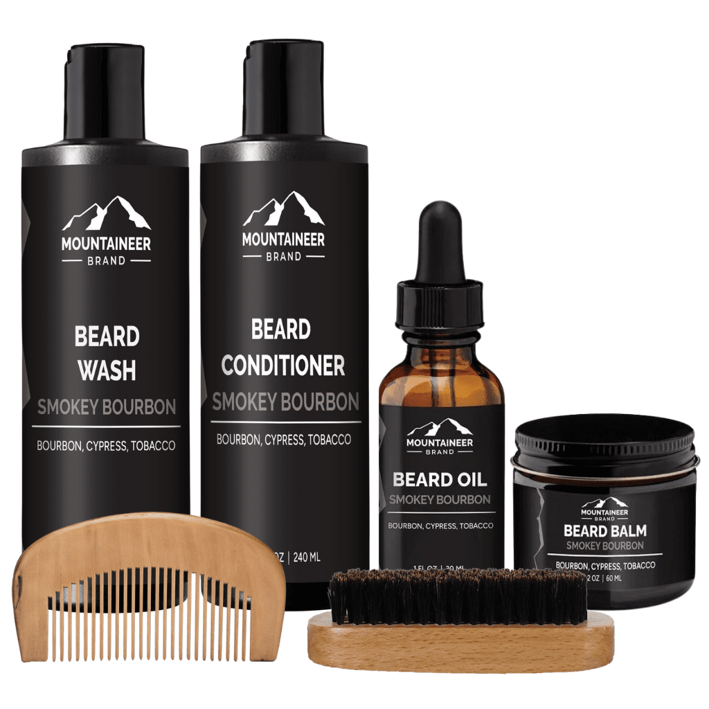 A comprehensive beard care kit featuring The Starter Beard Kit, including beard oil, beard conditioner, and a comb for an optimal grooming routine. Brand Name: Mountaineer Brand Products.