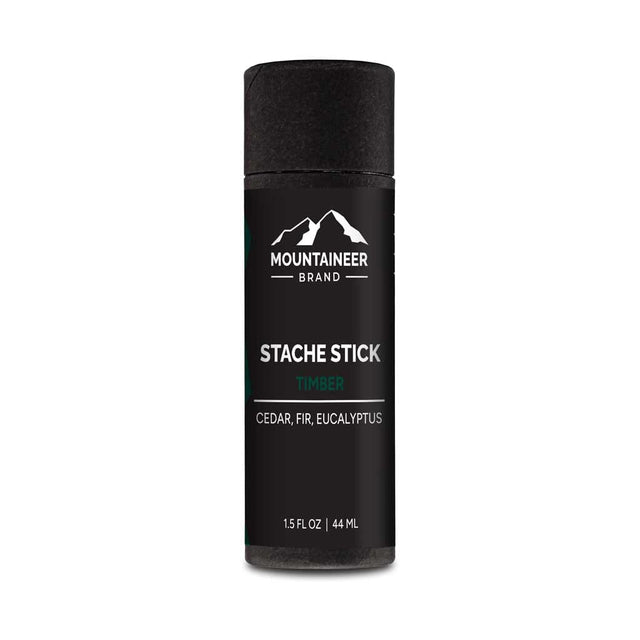 An organic bottle of Timber Stache Stick by Mountaineer Brand Products on a white background, promoting chemical-free mens care.