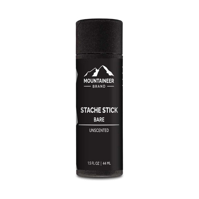 An organic bottle of Mountaineer Brand Products' Bare Stache Stick bare on a white background.