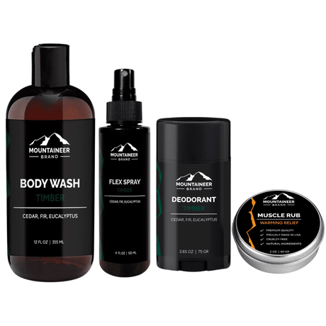 Four Gym Bag Kits by Mountaineer Brand Products, ideal for your post-workout routine, including body wash, flex spray, deodorant, and muscle rub, all with cedar and fir euc