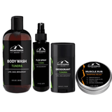 A collection of men's grooming products by Mountaineer Brand Products including body wash, deodorant, flex spray, and muscle rub, all with a "tundra" scent profile - perfect for your Gym Bag Kit.