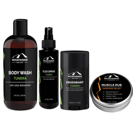 Assortment of Mountaineer Brand Products Gym Bag Kit for fitness enthusiasts, including body wash, deodorant, flex spray, and muscle rub with lime, sage, and bergamot scent.