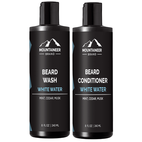 Two bottles of Mountaineer Brand Products' Beard Wash and Beard Conditioner Combo, perfect for the eco-conscious individual.