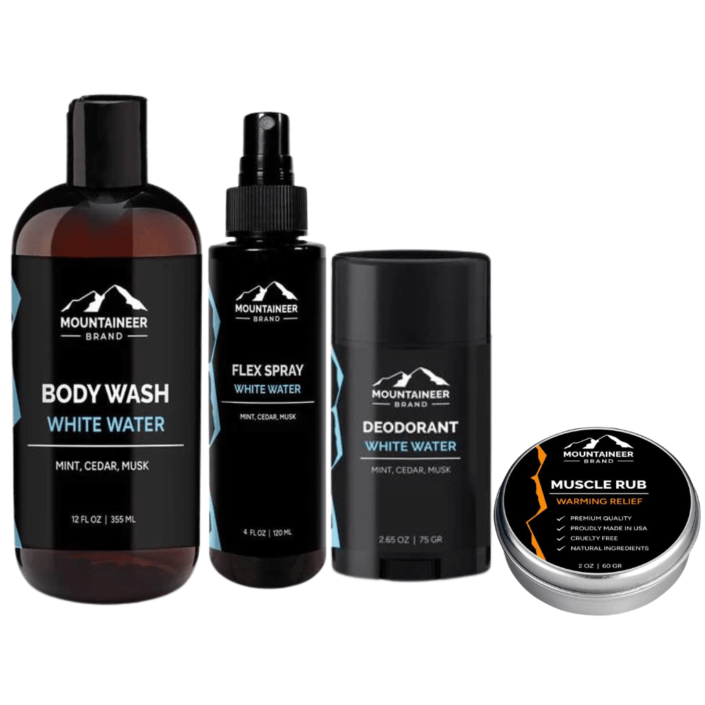 A collection of men's grooming products from Mountaineer Brand Products, designed for fitness enthusiasts. This Mountaineer Brand Products Gym Bag Kit includes body wash, flex spray, deodorant, and muscle rub perfect for a