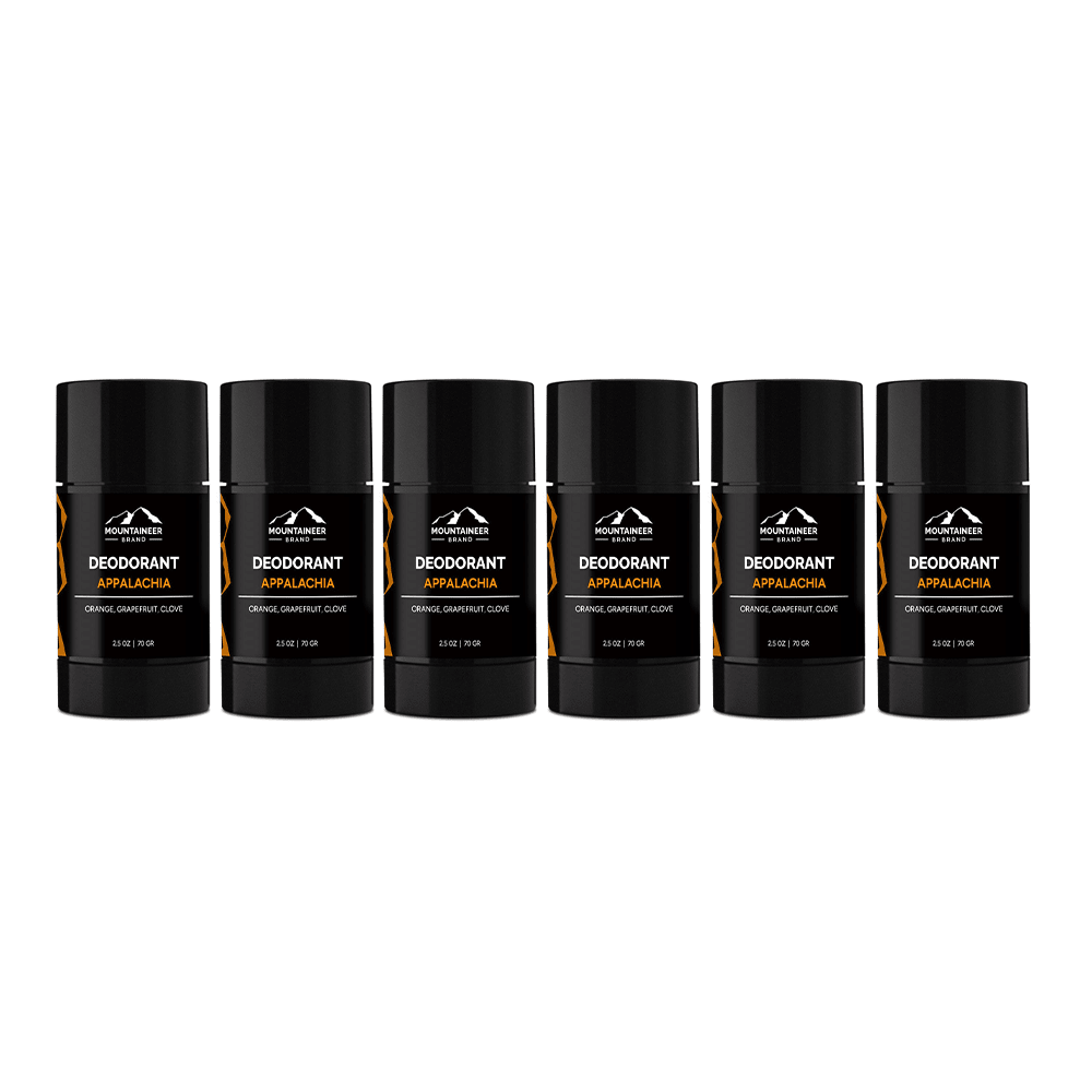 Six Mountaineer Brand Products Natural Deodorant 6-Pack sticks on a white background.