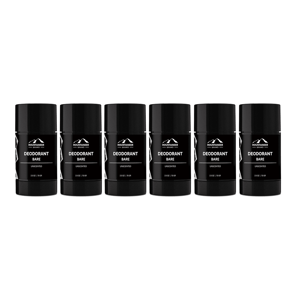 Six Mountaineer Brand Products Natural Deodorant 6-Pack sticks on a white background for mens care.