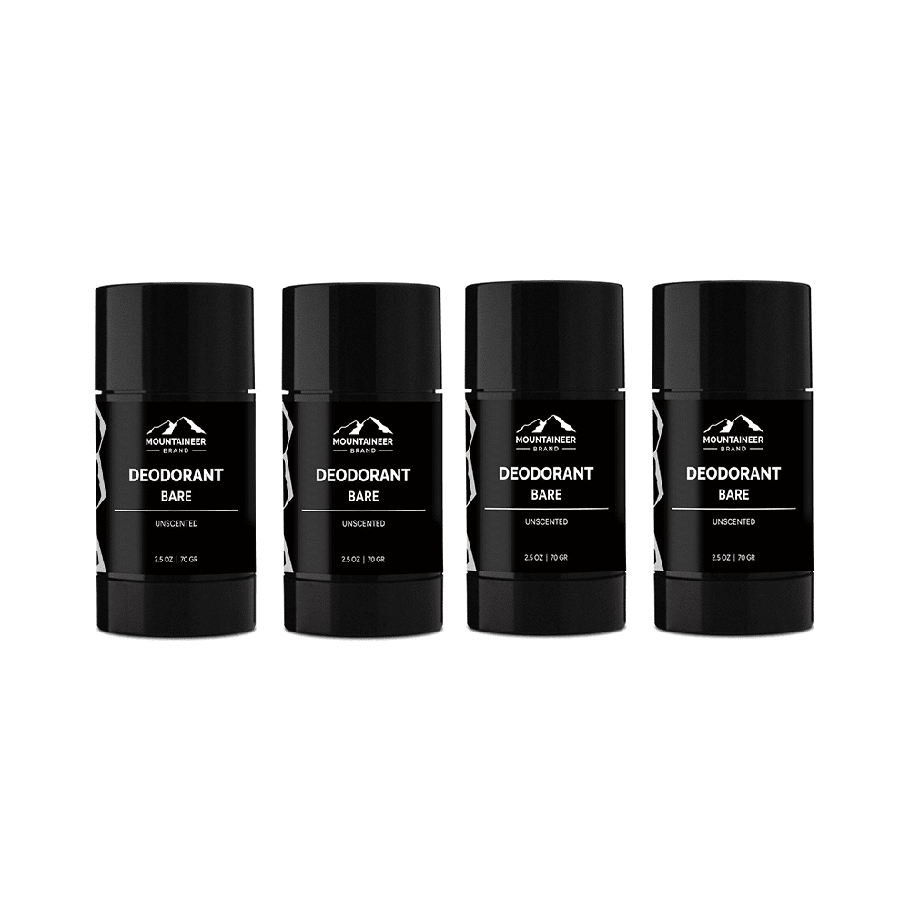 Three Mountaineer Brand Products Natural Deodorant 4-Pack sticks on a white background.