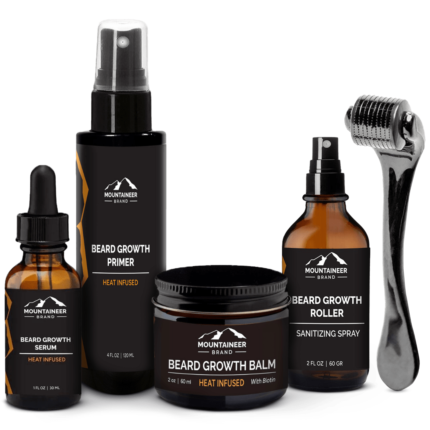 A collection of Mountaineer Brand Products' men's beard grooming products, including growth oil, primer, balm, sanitizing spray, and a roller.