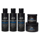 A set of Mountaineer Brand Products' Complete Bald Head Care System including exfoliate scrub, cleanse wash, PH balance toner, moisturizing balm, and detox mask.