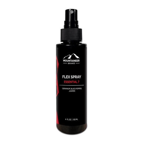 An all natural bottle of Essential 7 Flex Spray by Mountaineer Brand Products on a white background.