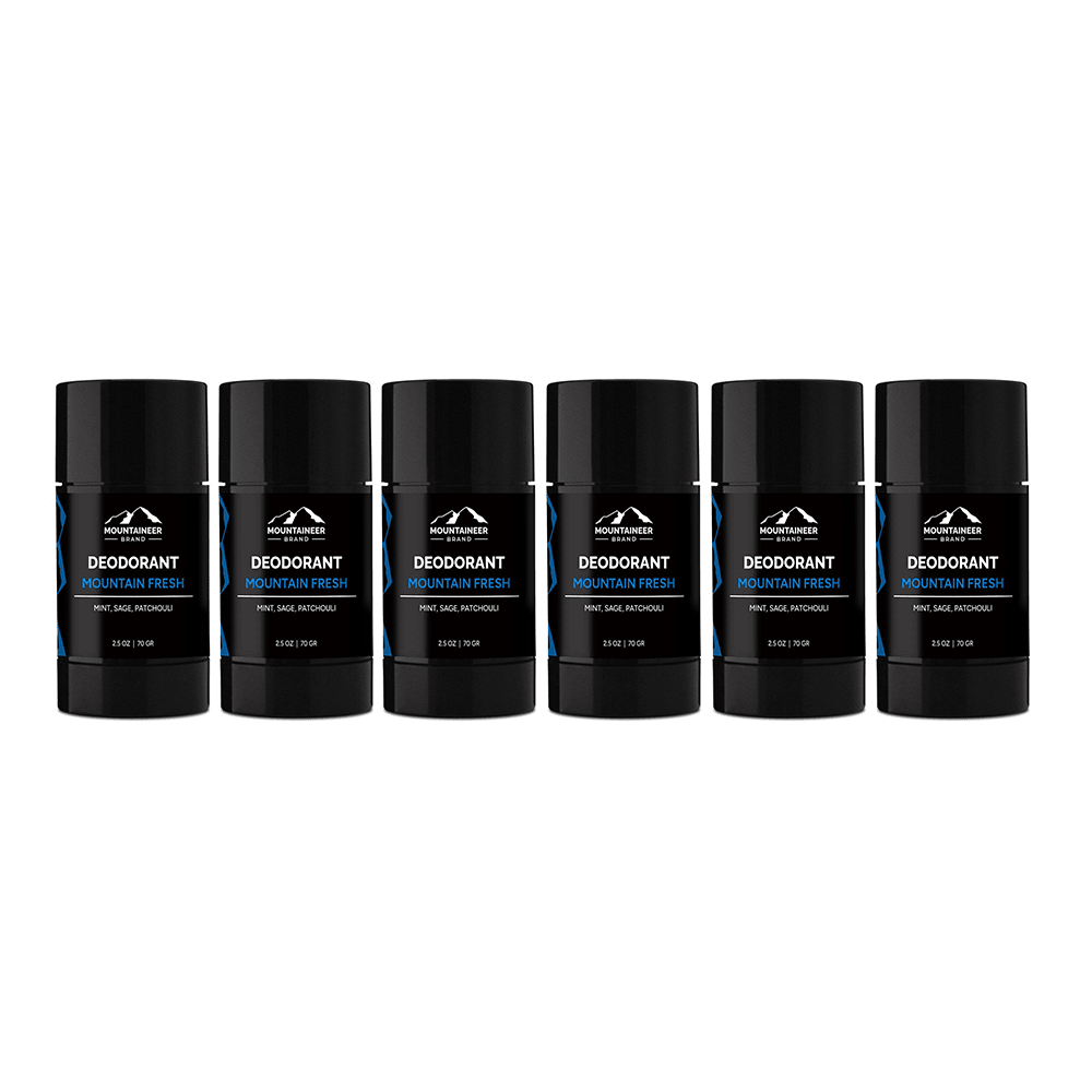 Six Mountaineer Brand Products Natural Deodorant 6-Pack sticks on a white background.