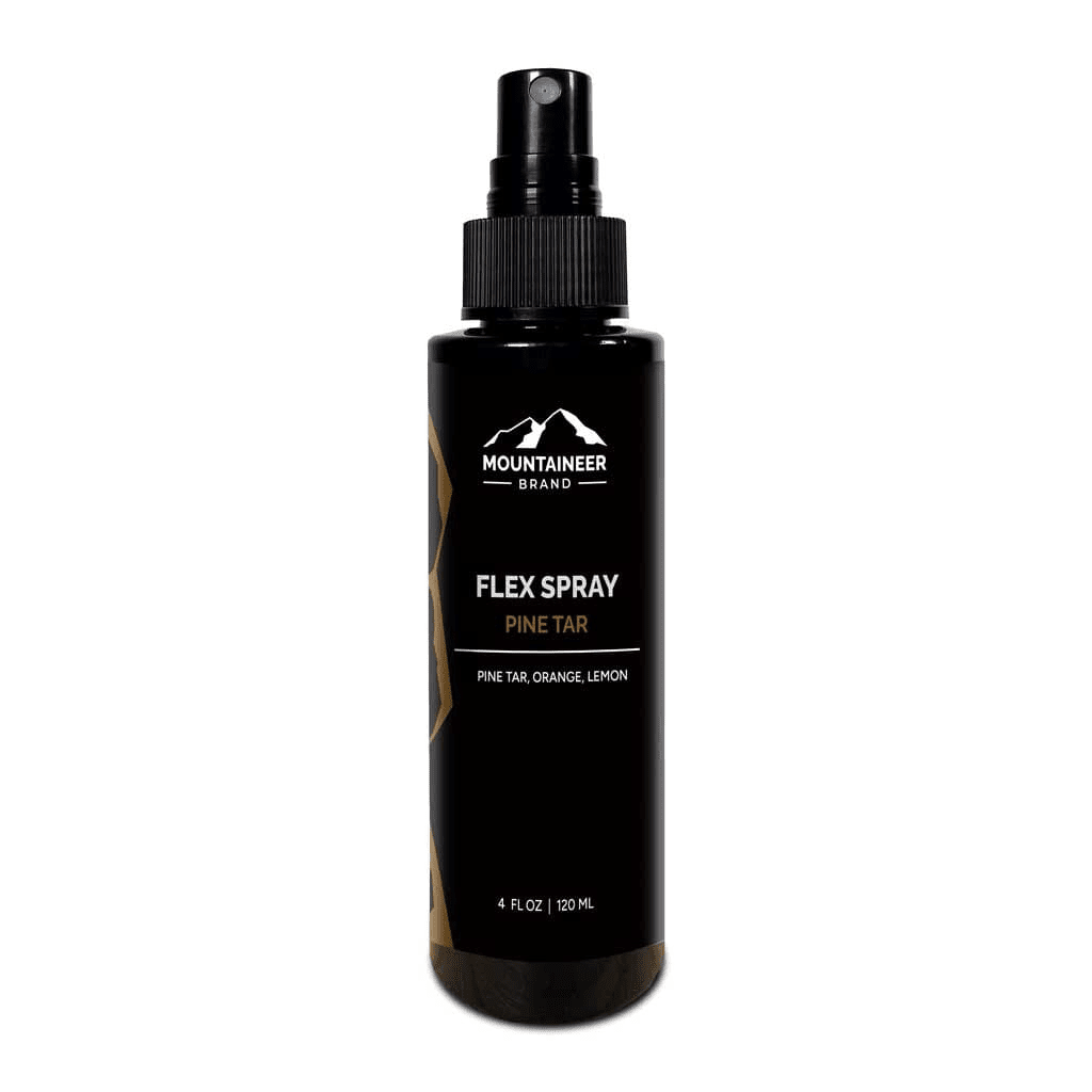 A bottle of Mountaineer Brand Products' Pine Tar Flex Spray on a white background.