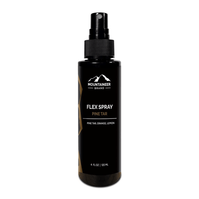 A bottle of Mountaineer Brand Products' Pine Tar Flex Spray on a white background.
