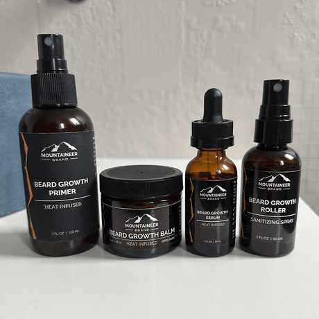 A set of Mountaineer Brand Products' Essential Beard Growth System - Refill Kit on a table.