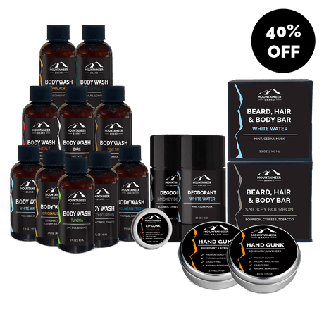 The all natural Smell Good Kit by Mountaineer Brand Products includes a bottle of beard oil and a bottle of beard balm, making it perfect for men's care.