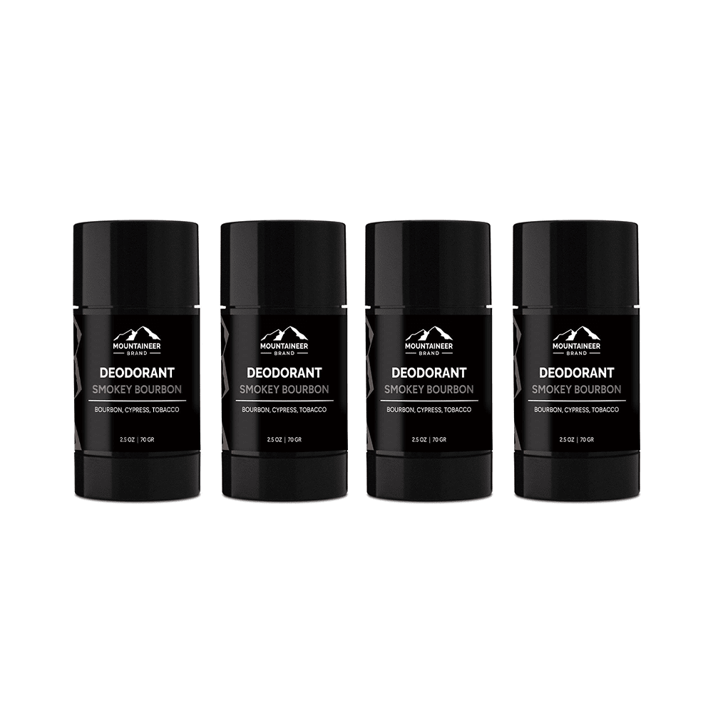 Three Mountaineer Brand Products Natural Deodorant 4-Pack sticks on a white background.