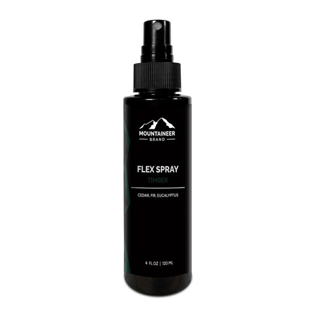 An all-natural bottle of Timber Flex Spray by Mountaineer Brand Products on a white background.