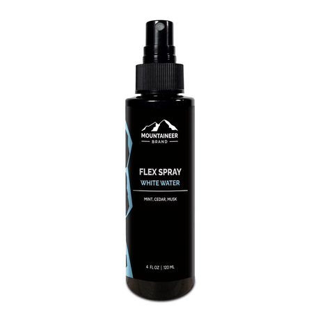 An all-natural bottle of White Water Flex Spray by Mountaineer Brand Products on a white background.