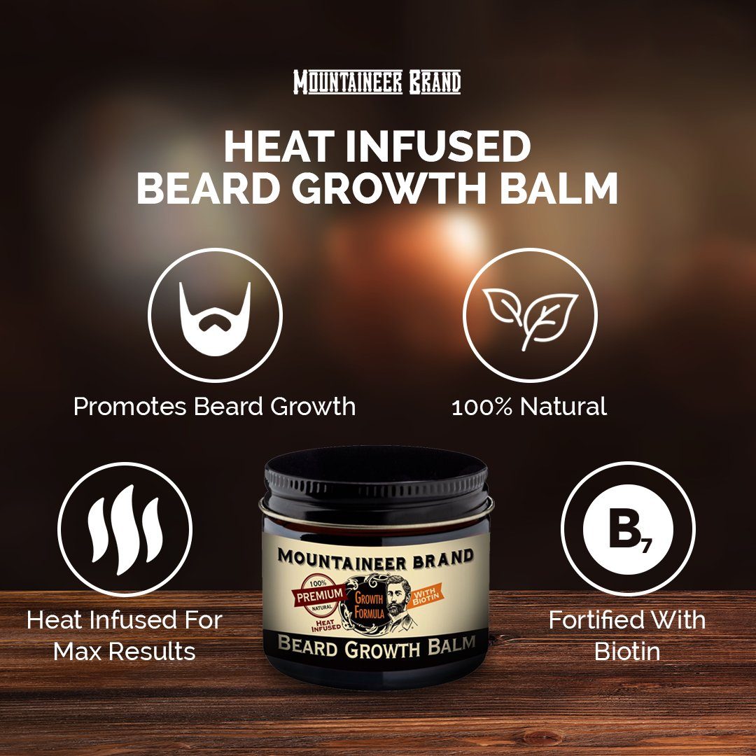 Organic Mountaineer Brand Products' heat-infused beard growth balm with biotin for natural men's care.