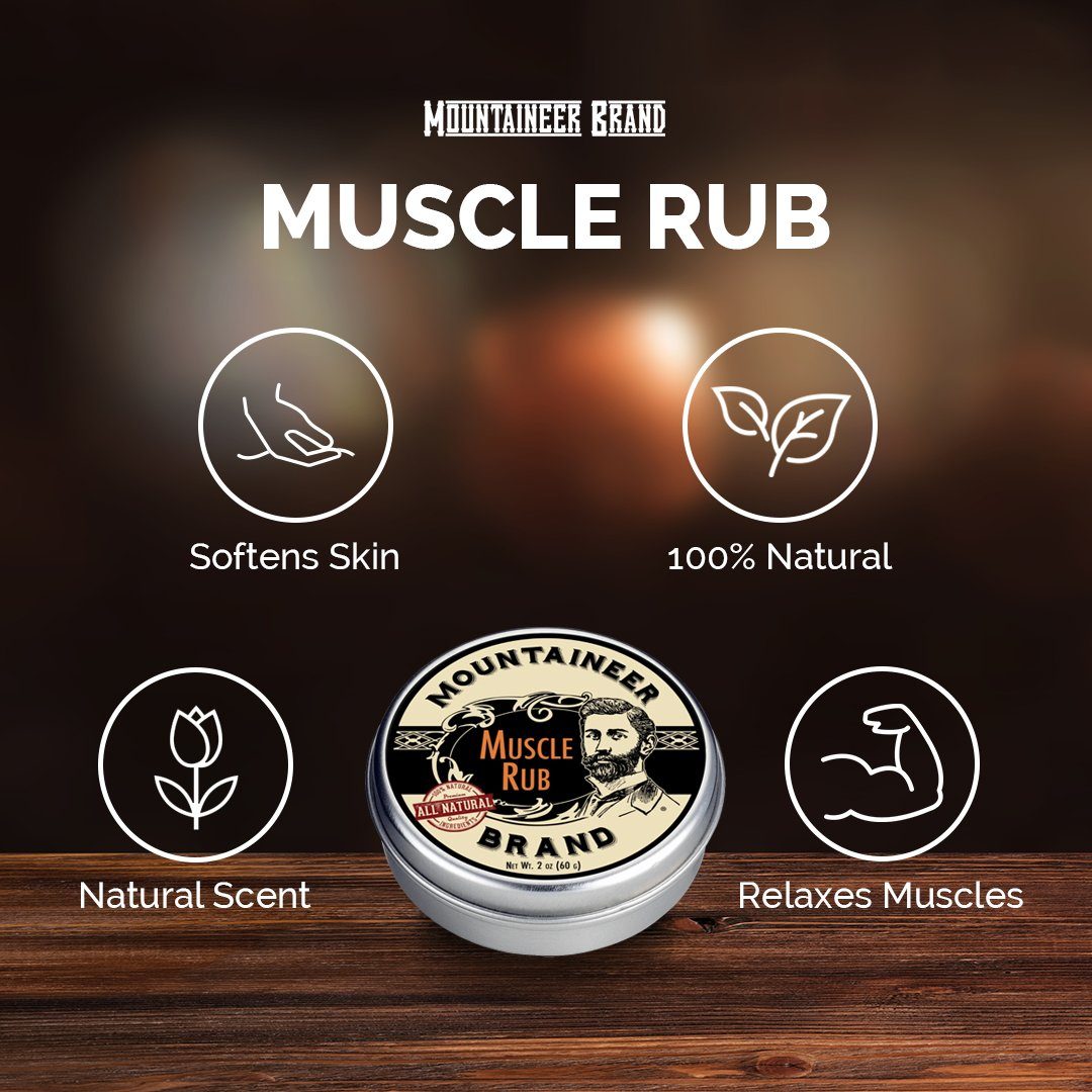 A tin of all natural Mountaineer Brand Products' muscle rub on a wooden table.