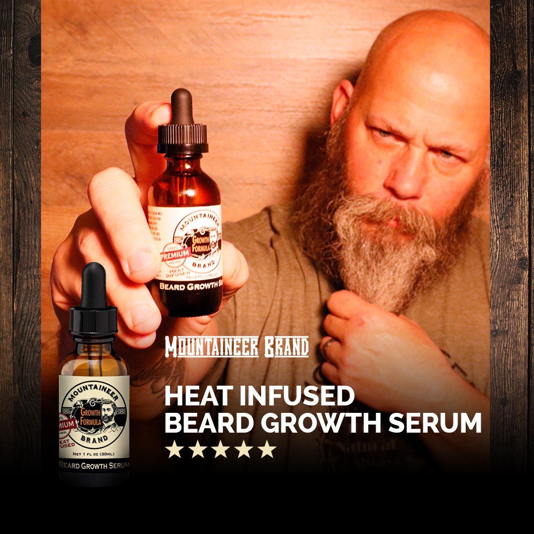 All-natural, organic Mountaineer Brand Products' Heat Infused Beard Growth Serum.