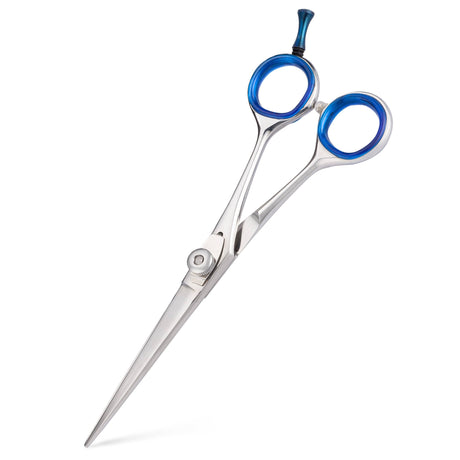A pair of Stainless Steel Beard & Moustache Scissors with blue handles on a white background from Mountaineer Brand Products.